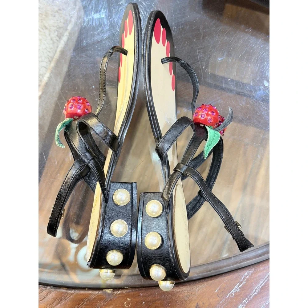 Gucci Cherry Crystal Pearl Leather Thong Sandals Black White Pink‎ Size 36